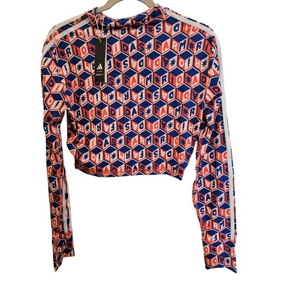 Adidas x Farm Rio Crop Long Sleeve Train Shirt Blue Red Kaleidoscope Size M NWT - Picture 2 of 13